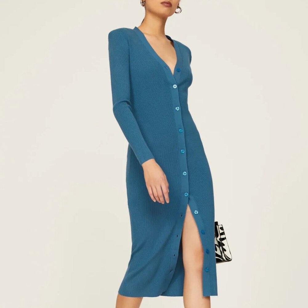 Ronny Kobo Collective Ribbed Button Front Vianne Knit Dress Teal XL